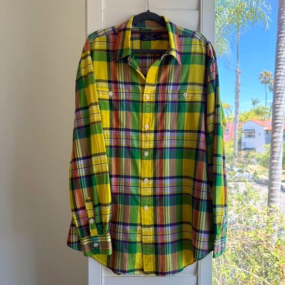 Vintage Polo Ralph Lauren Madras Plaid Buttondown Shirt in Yellow Multi size XL - Picture 1 of 9